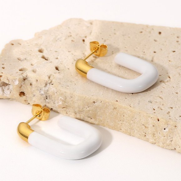 Vintage Hand Dipped White U-shaped Open Earrings 18k Gold Plated Stainless Steel - Picture 3 of 8